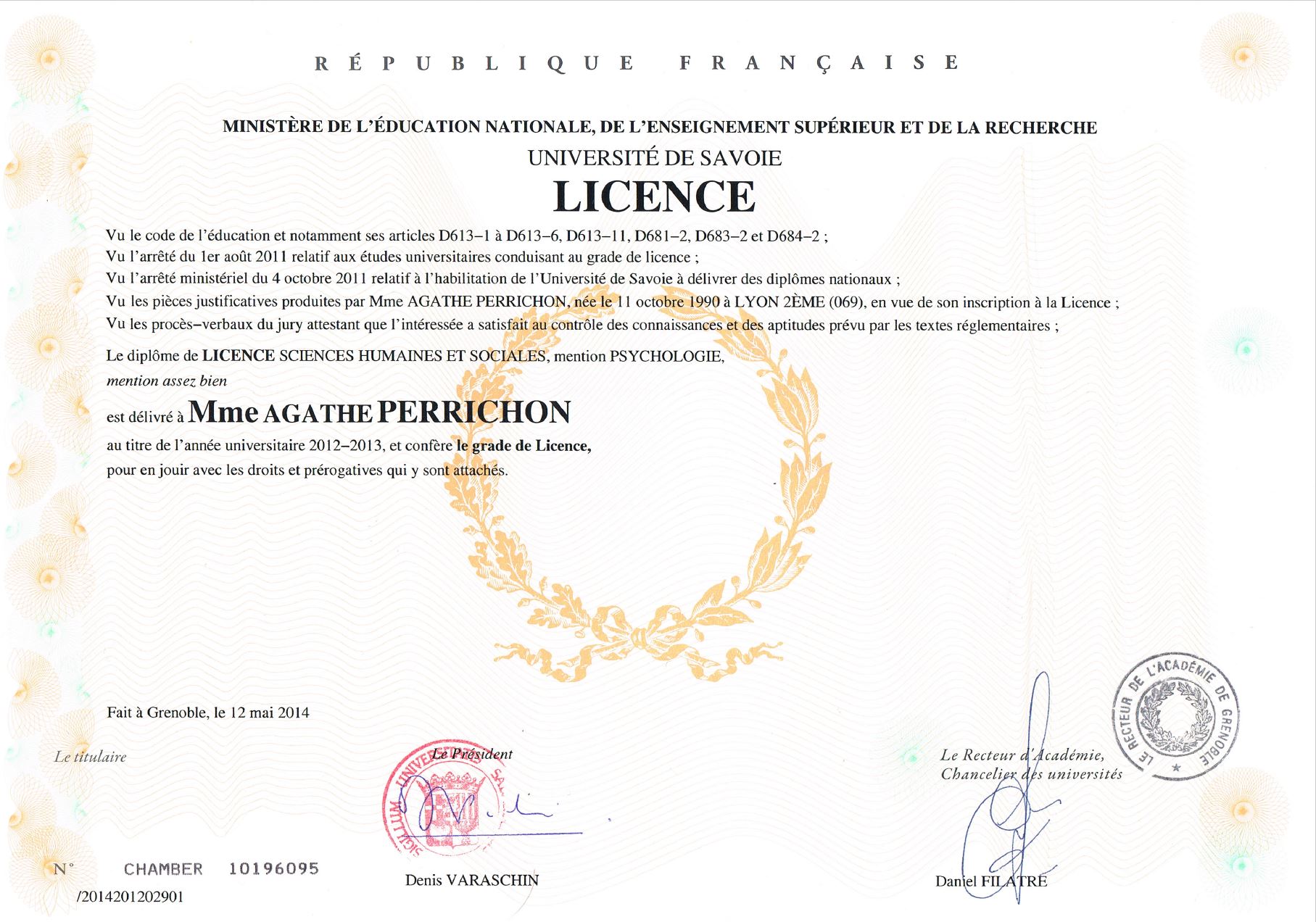 Agathe Perrichon Licence de Psychologie Université de Savoie